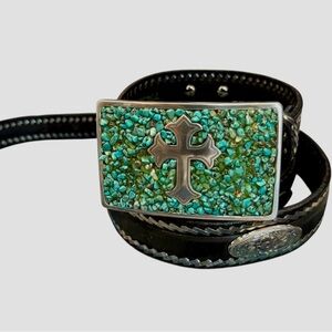 Nacona Western Black Leather Belt with Turquoise Silver Buckle With Design